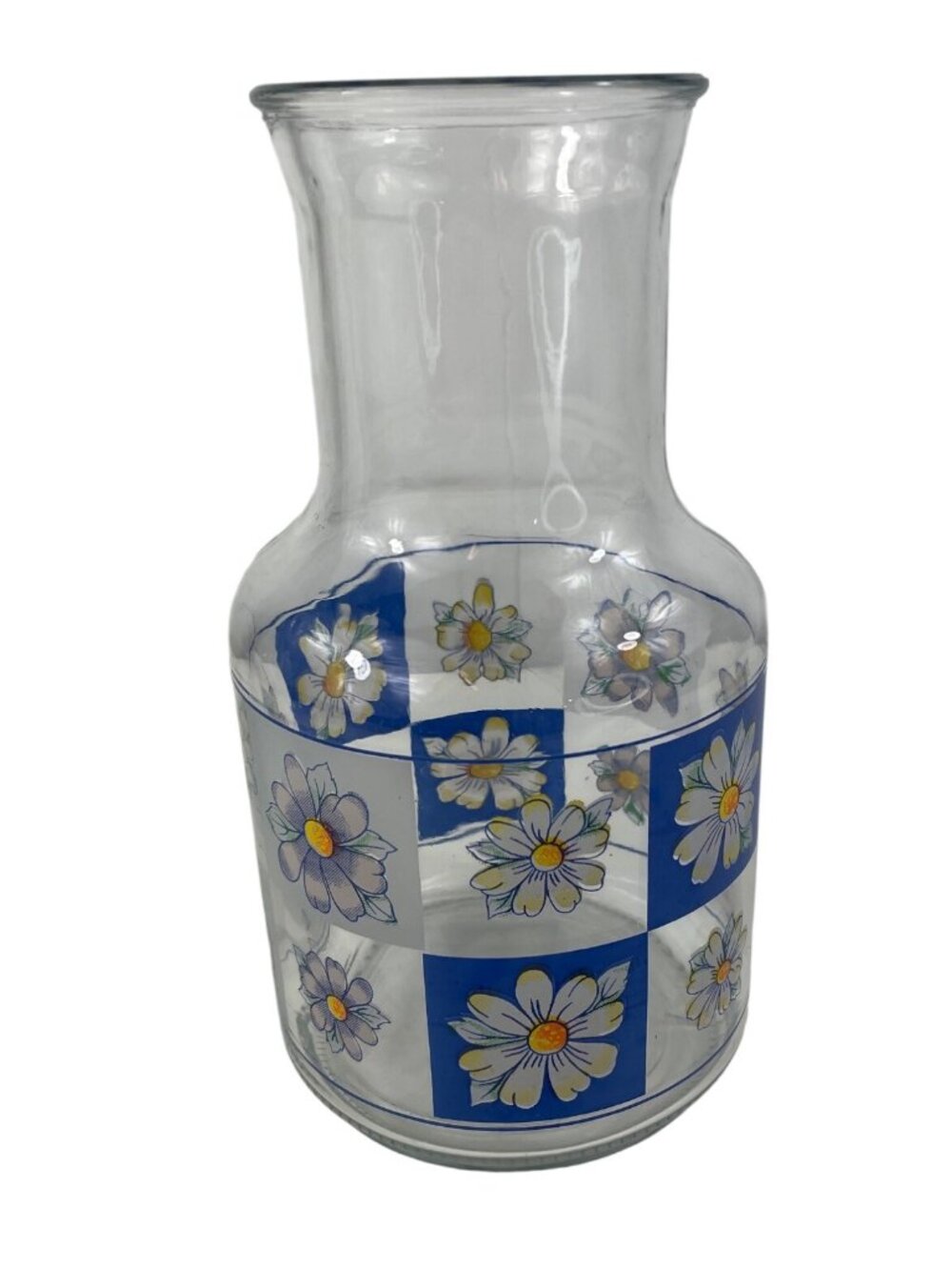 Vintage Kig Indonesia Glass Carafe Decanter With Blue & White Daisy Design - Picture 5 of 12